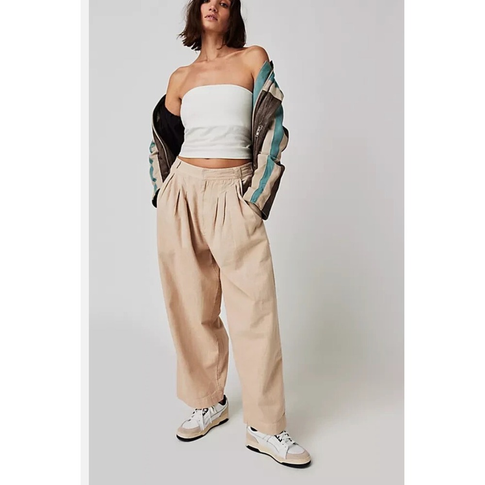 Free People Lotta Love Pleated Wide Leg Cotton Trouser Pants beige size 8